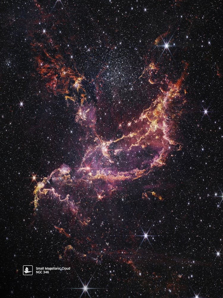Dynamic star cluster, NGC 346, Small Magellanic Cloud (James Webb/JWST) — space poster, science poster, space photo, space art, jwst picture