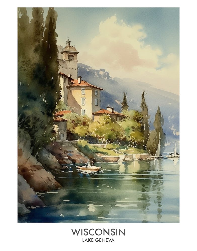 Lac Léman, Wisconsin 4 Affiche de Voyage à l'Aquarelle
