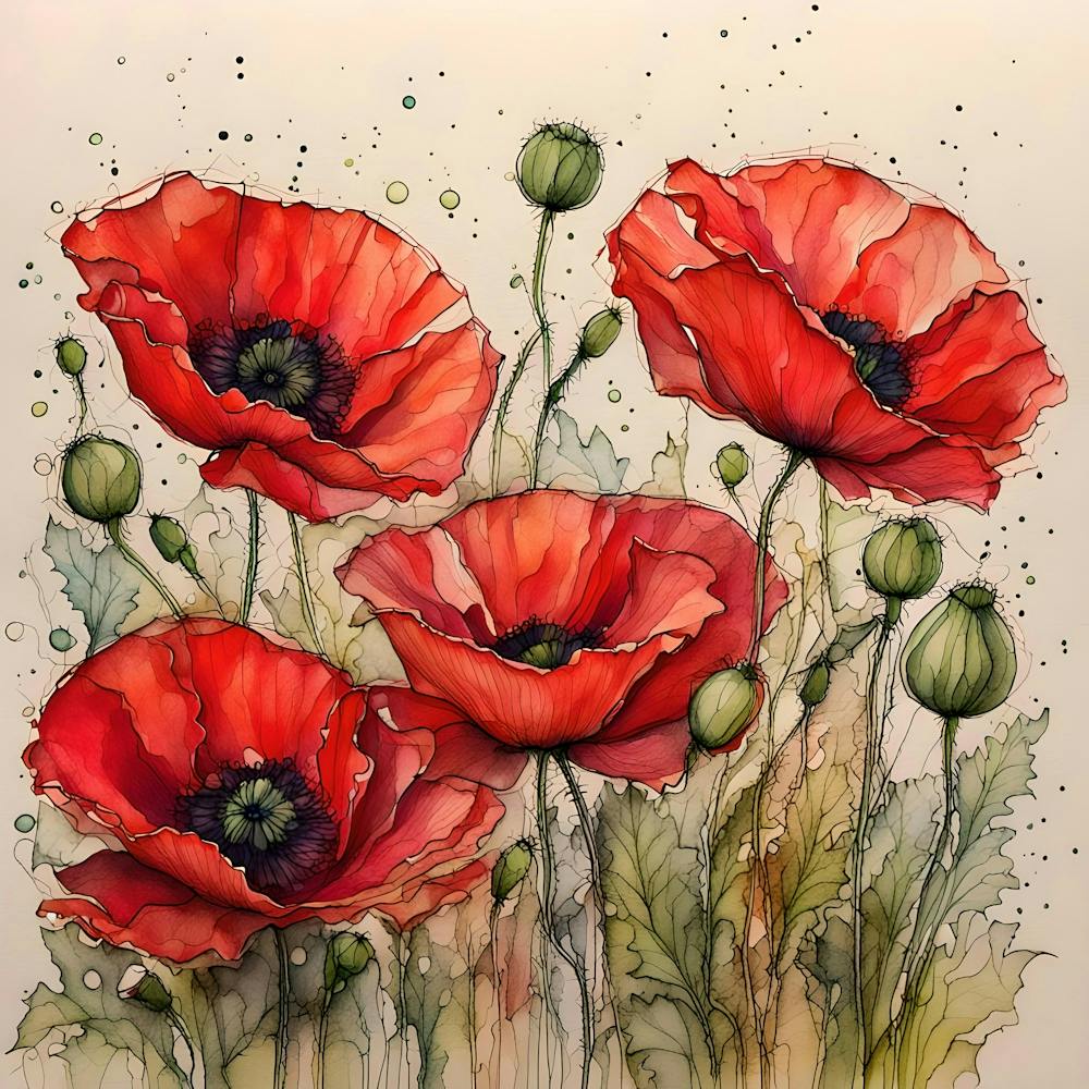 Vibrant Red Poppies With Alcohol Ink Painting