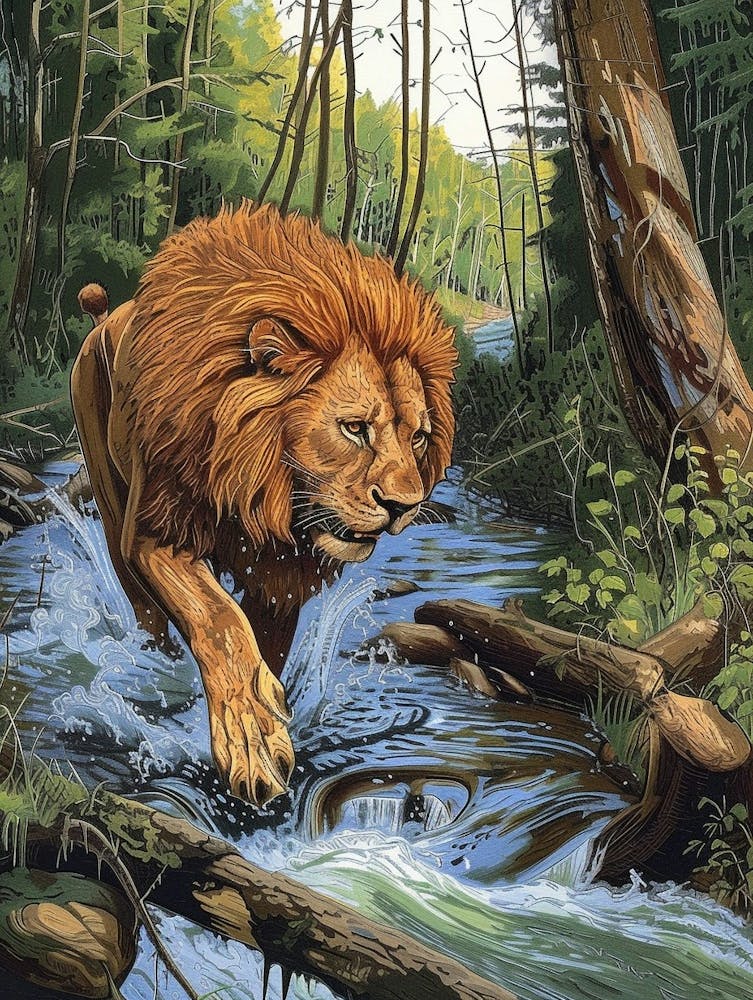 African Lion Relief Illustration Crossing A River 1