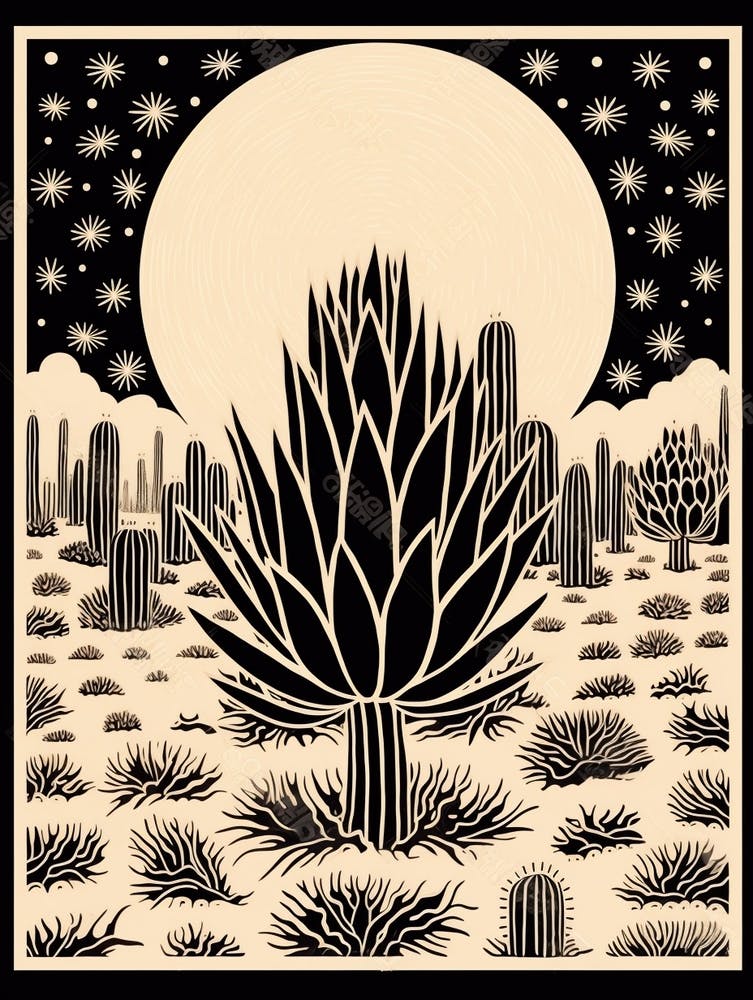 B&W Cactus Illustration Echinocereus Cactus 2