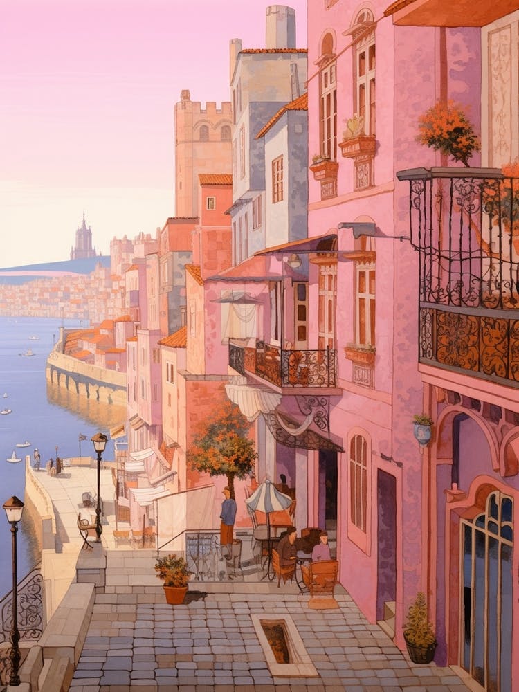 Porto Portugal 3 Vintage Pink Travel Illustration