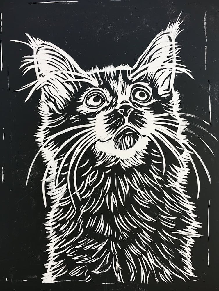 Laperm Cat Linocut Blockprint 2