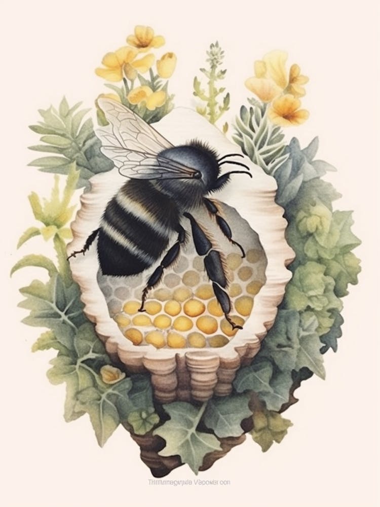 Half Black Leafcutter Bee Beehive Watercolour Illustration 4
