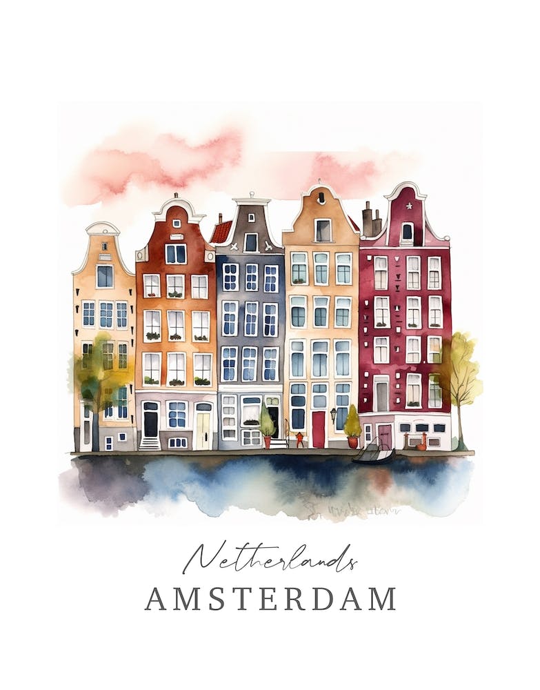 Netherlands, Amsterdam Storybook 4 Travel Poster Watercolour