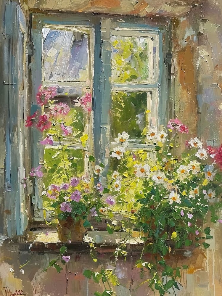 Geranium Flowers On A Cottage Window 1