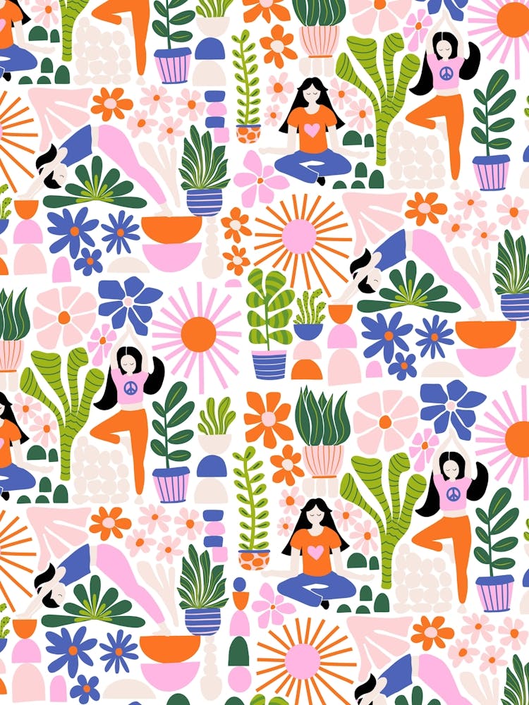 Multicolor Women Doing Yoga Poses and Mindful Meditation on White