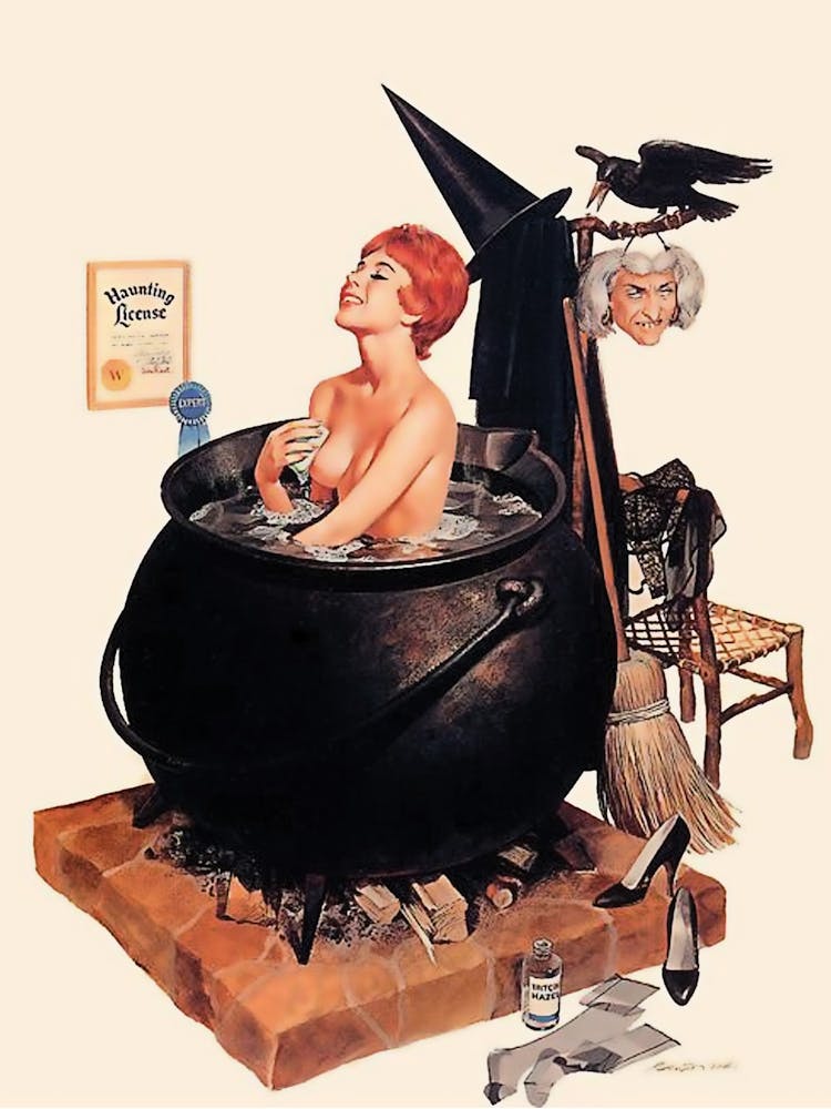 Pinup Witch Having A Bath In A Big Black Bowl