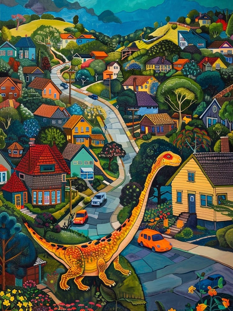 Cute Colourful Dinosaur In A Village 2