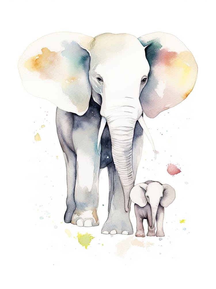 Elephant And Baby Watercolour Illustration 2