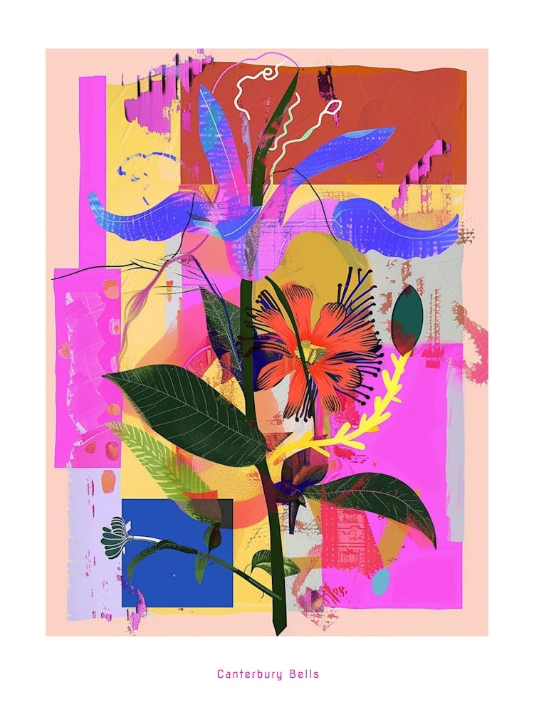 Canterbury Bells 4 Neon Flower Collage Poster