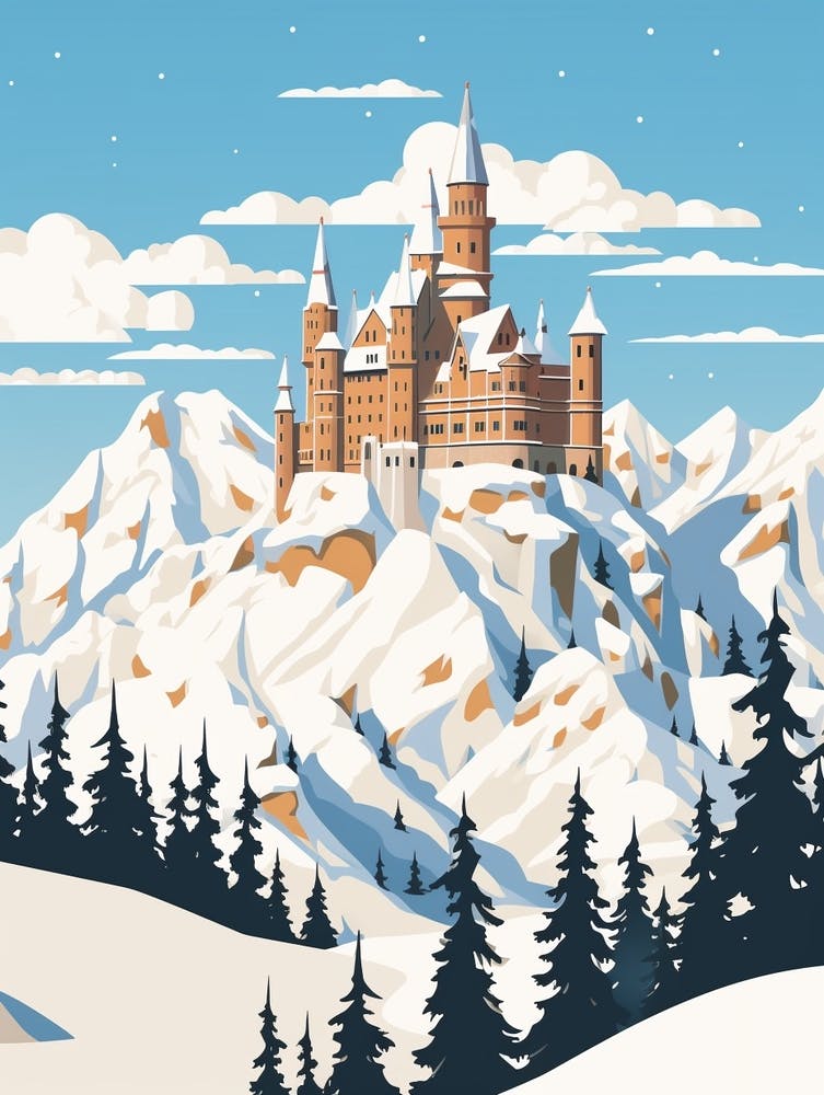 Retro Winter Illustration Schloss Neuschwanstein Germany 2