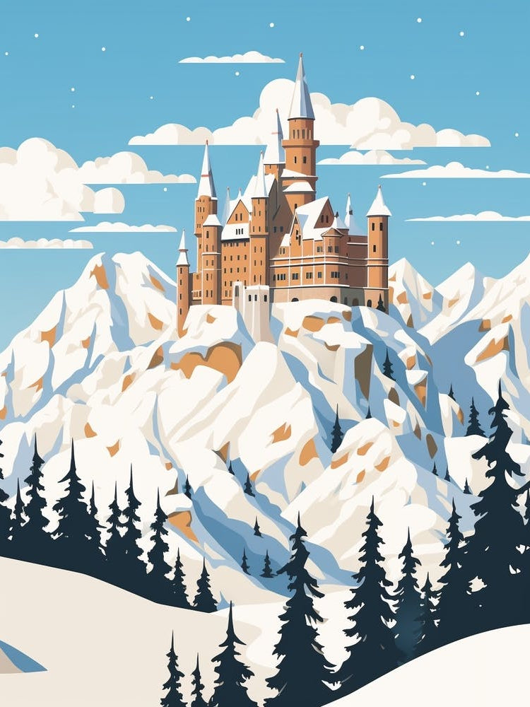 Retro Winter Illustration Schloss Neuschwanstein Germany 2