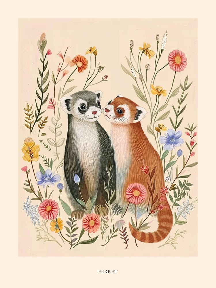Folksy Floral Animal Drawing Ferret 4 Poster