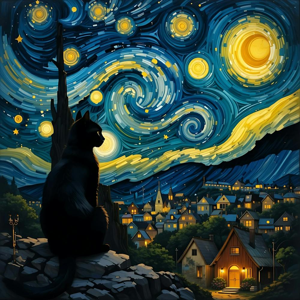 Van Gogh Inspire Cat Sitting Starry Night