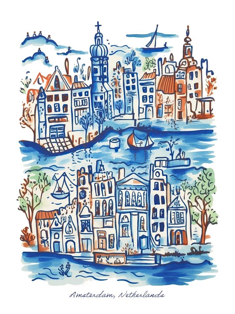Amsterdam Netherlands Illustration Line Art Travel Blue