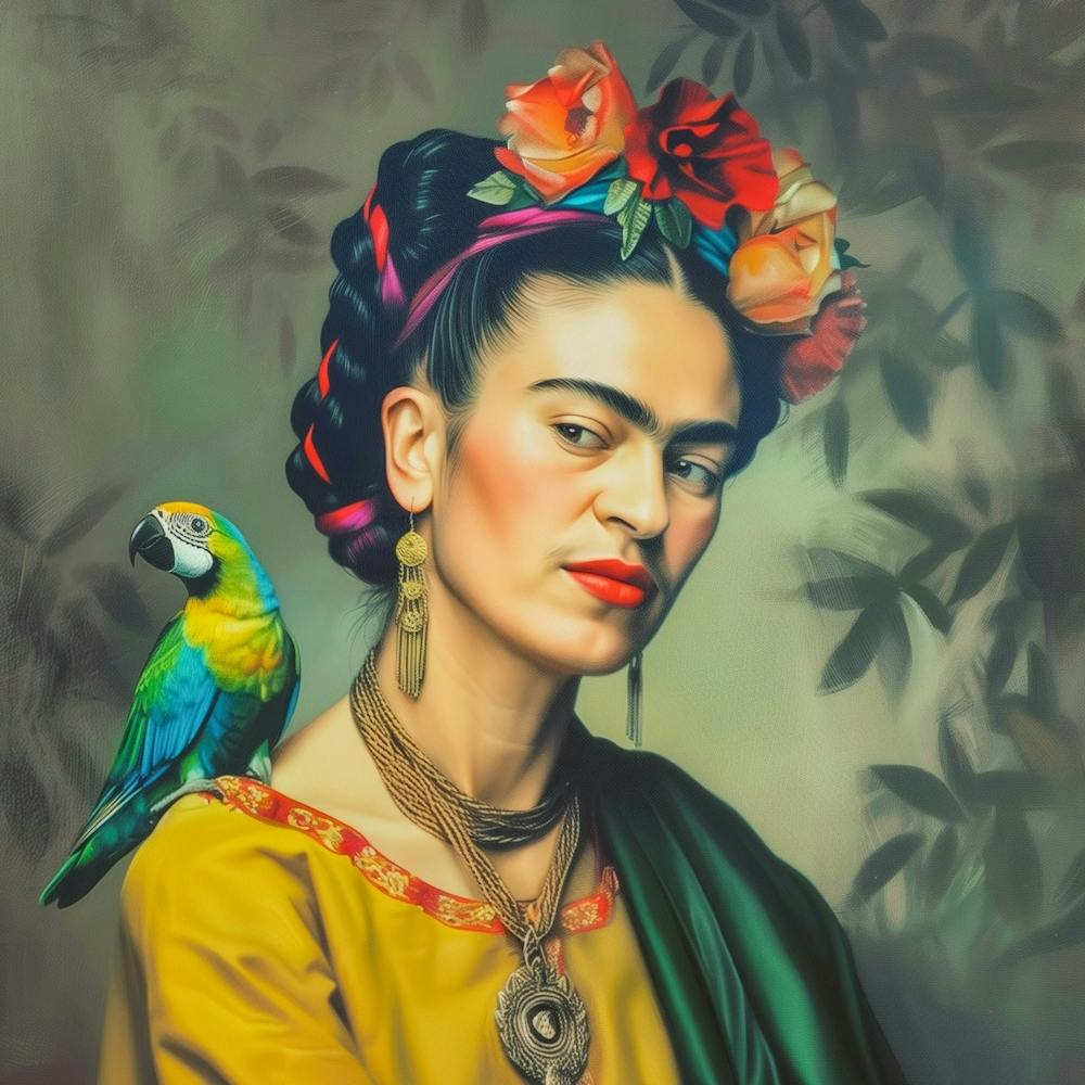 Frida Kahlo Selbstportrait mit Papagei Malerei Kunst, Florale Blumen Motiv