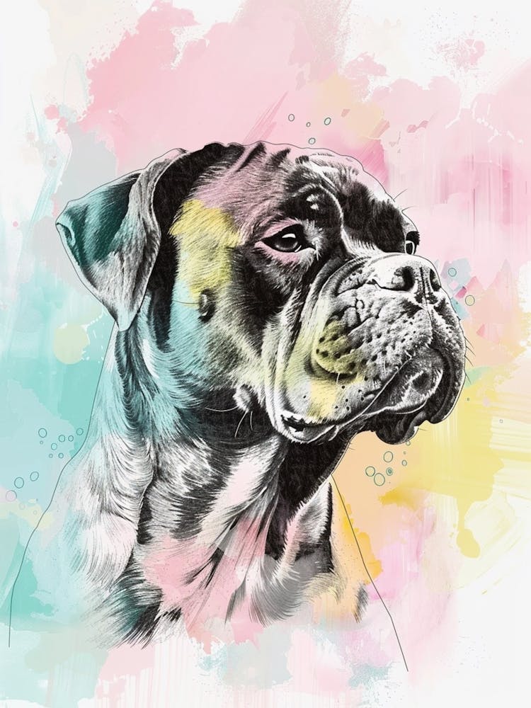 Dogue De Bordeaux Chien Illustration Aquarelle au Trait Pastel 2