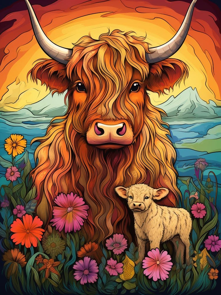 Colourful Sunset Highland Cow With Calf At Sunset