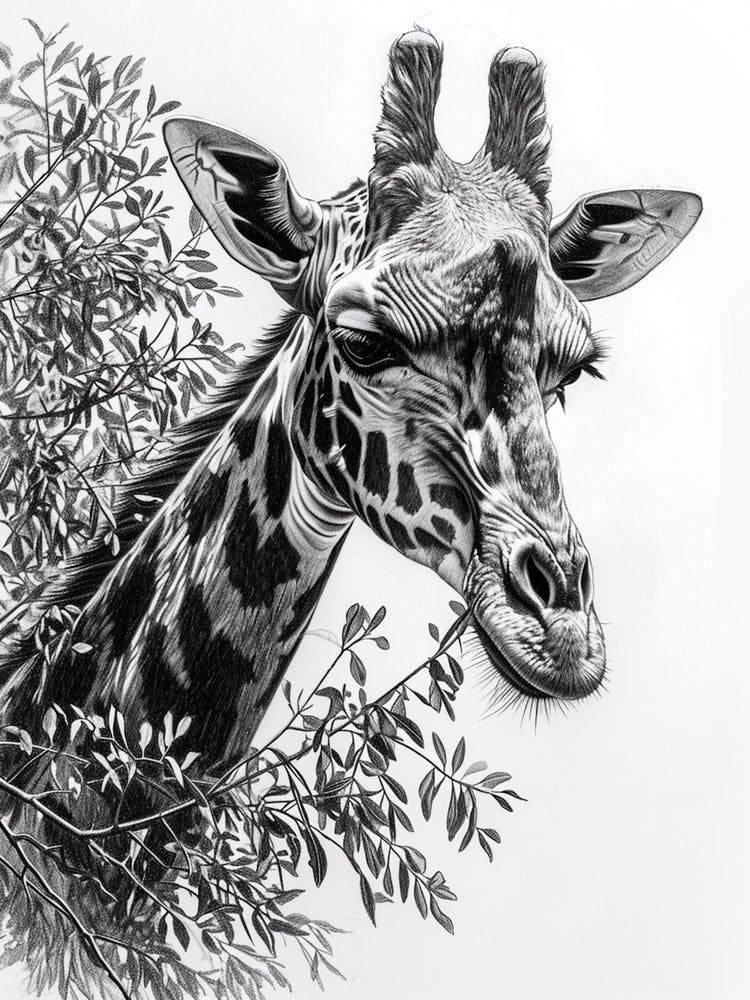 Pencil Portrait Of A Giraffe In The Trees 1
