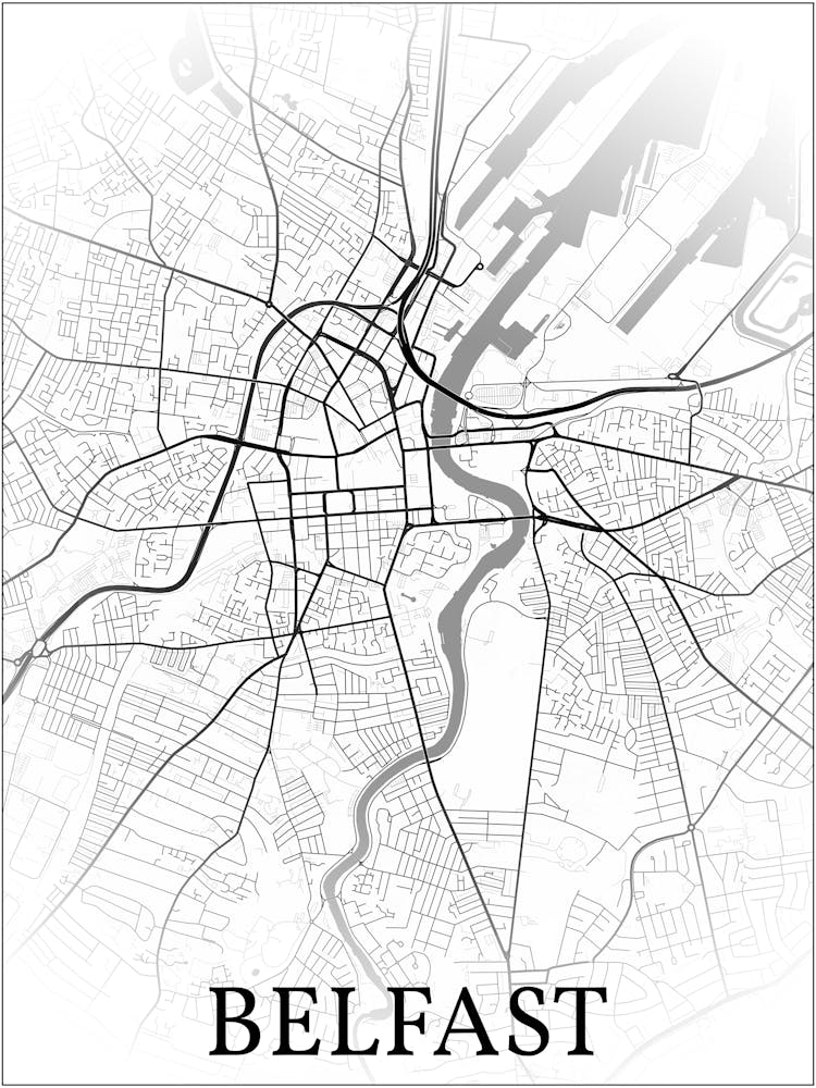 Belfast, Northern Ireland, Uk, City Map, Black And White Fade Design