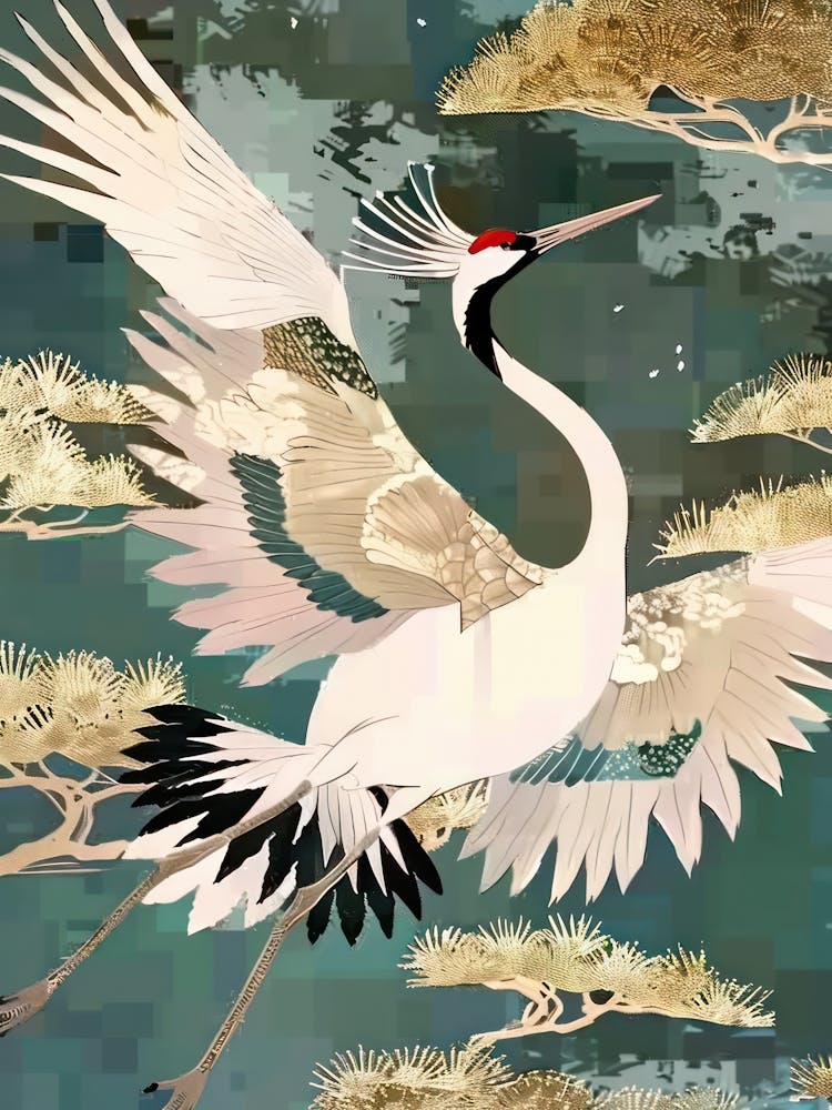 White Cranes Painting Gold Blue Effect Collage 7