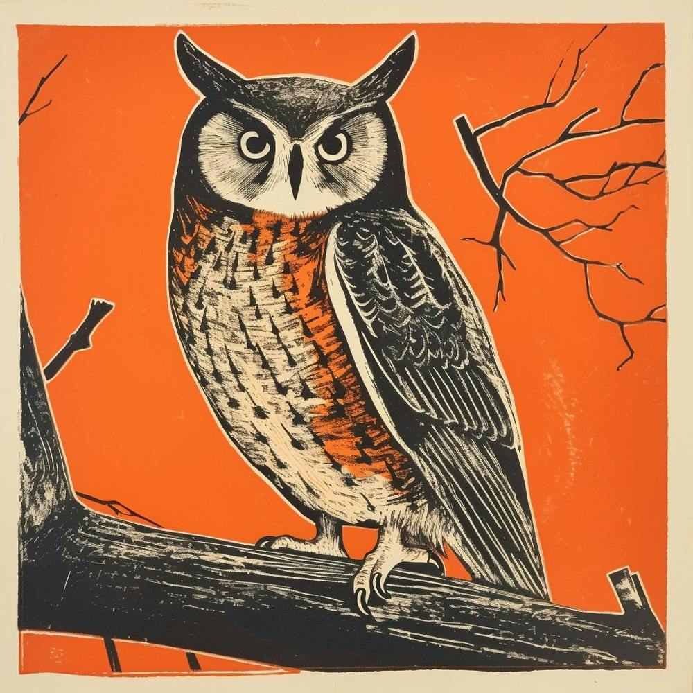 Lithographie Rétro d'Oiseau Petit Duc Maculé 1