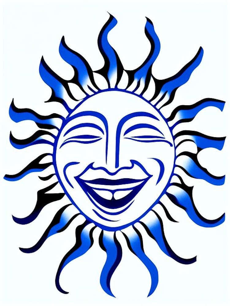 Laughing Sun Symbol Blue And White Line Drawing