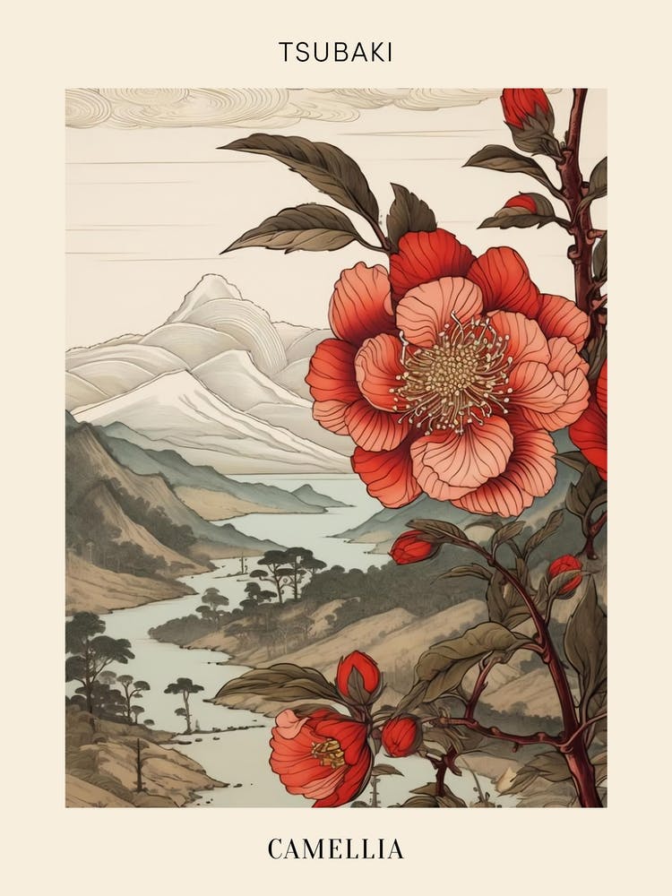 Tsubaki Camellia Japanese Botanical Illustration Poster
