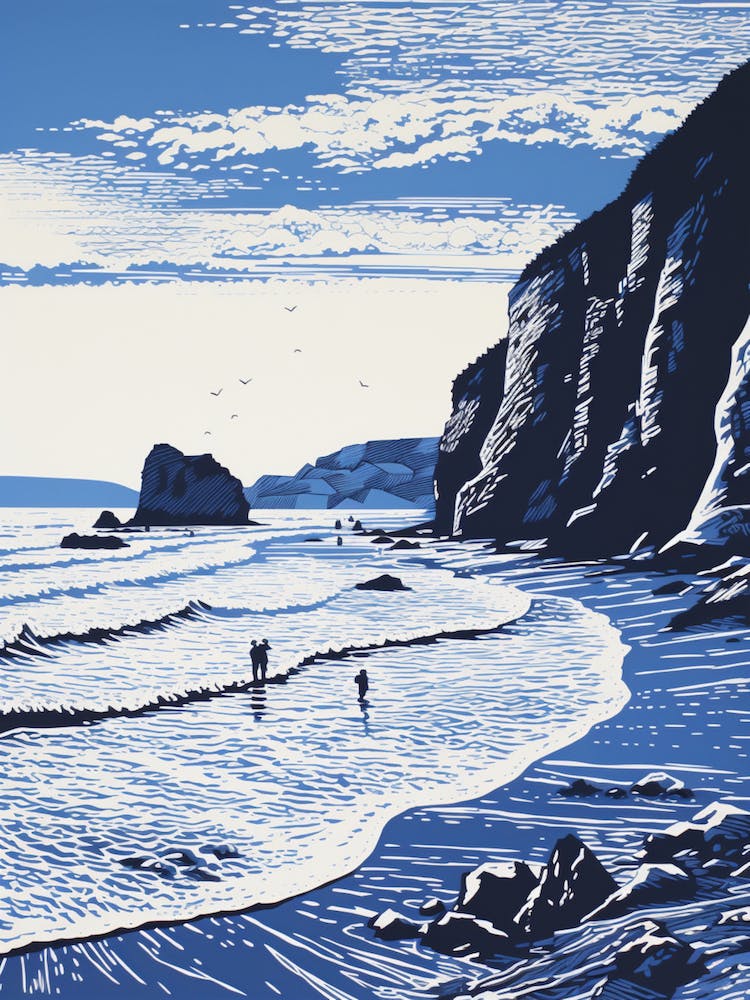Linocut Of Blackpool Sands Devon 1