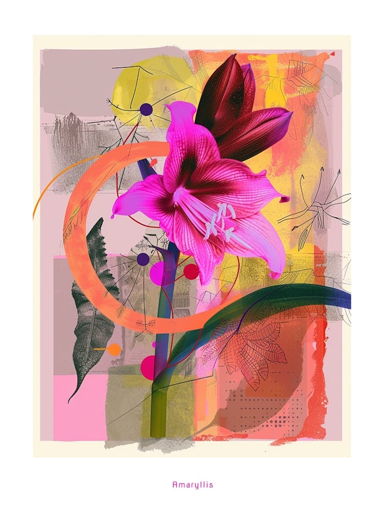 Amaryllis 3 Neon Flower Collage Poster