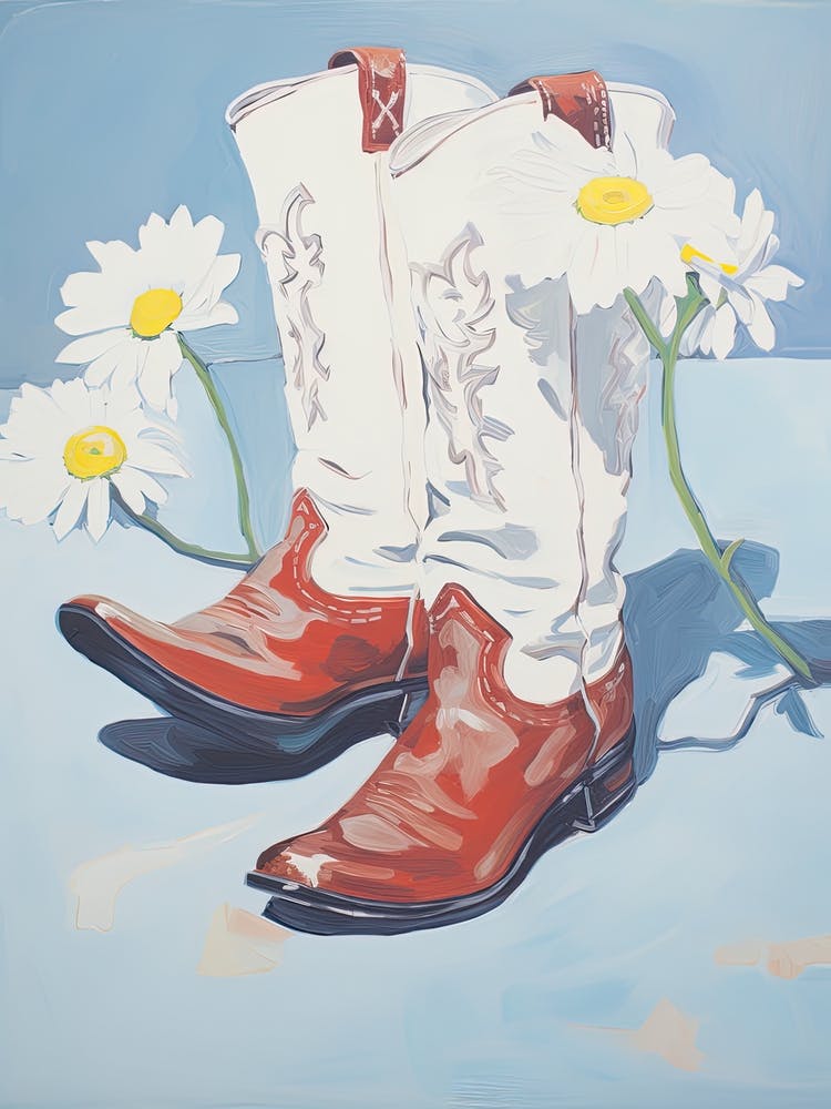 A Painting Of Cowboy Boots With Daisies Flowers, Fauvist Style, Still Life 2