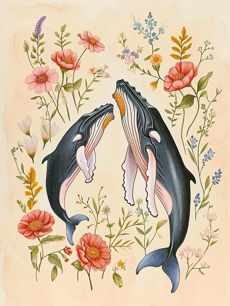 Folksy Floral Animal Drawing Whale 3