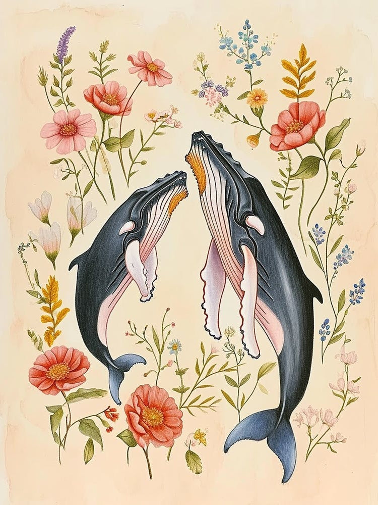 Folksy Floral Animal Drawing Whale 3