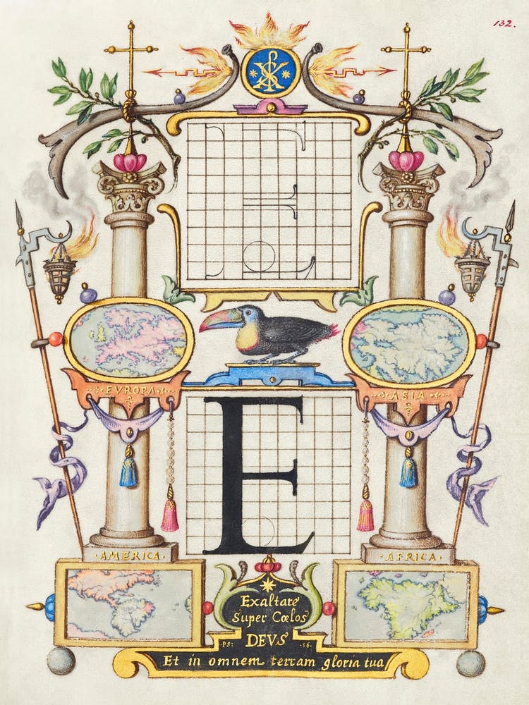 Guide For Constructing The Letter E From Mira Calligraphiae Monumenta, Joris Hoefnagel