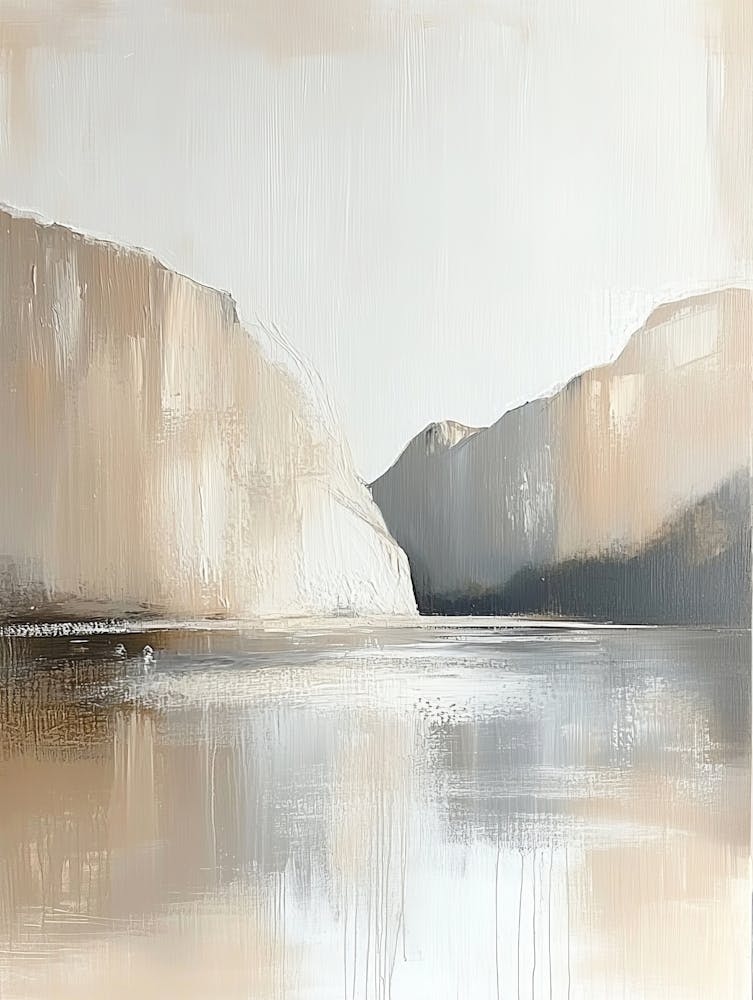 Contemporary Mountain Landscape Abstract Art In A Calm Beige And White Color Palette