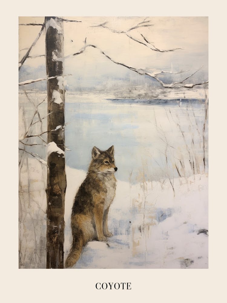 Vintage Winter Animal Painting Poster Coyote 2