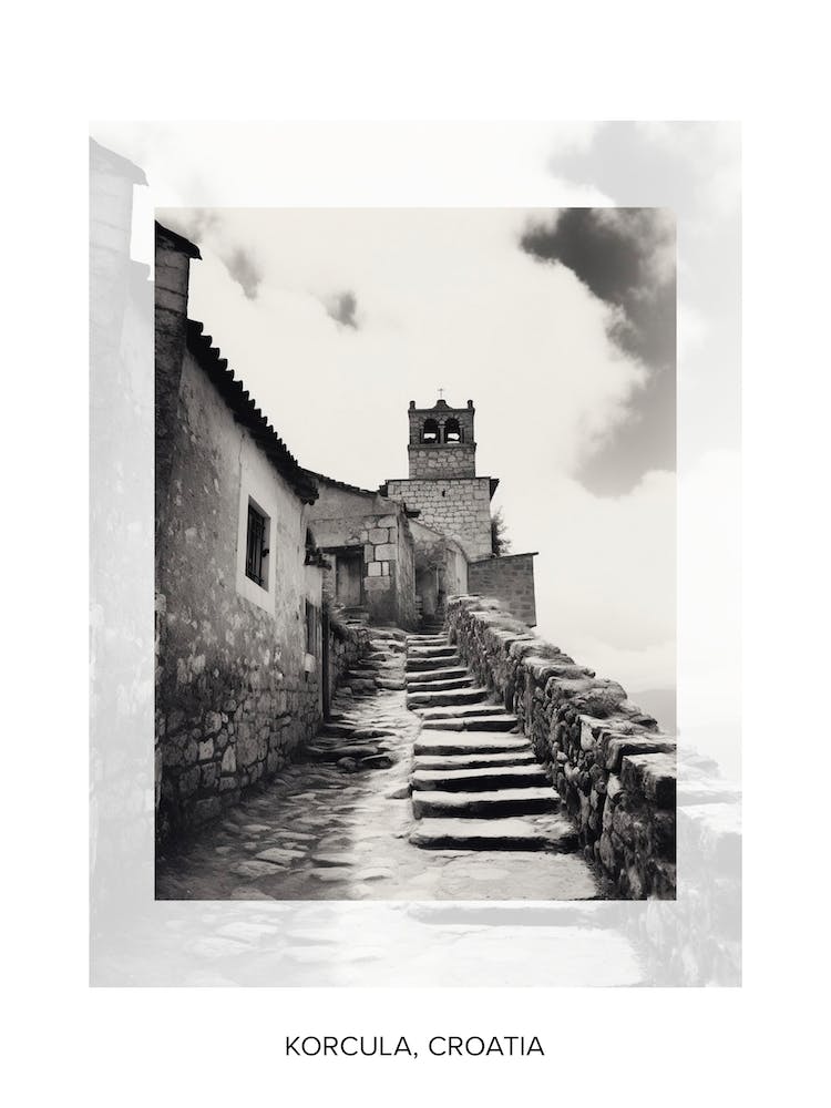 Poster Of Korcula, Croatia, Black And White Old Photo 1