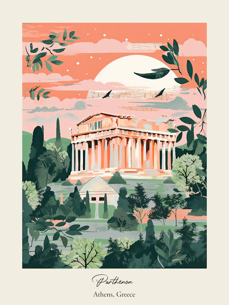 Parthenon   Athens, Greece   Cute Botanical Illustration Travel 0 Poster