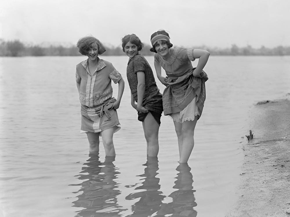Three Girls In Wading in Water Vintage Black and White Photo