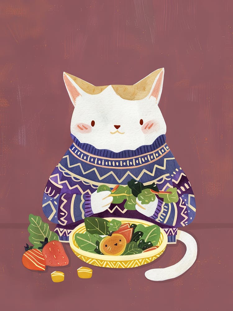 White Tan Cat Eating Salad Folk Illustration 3