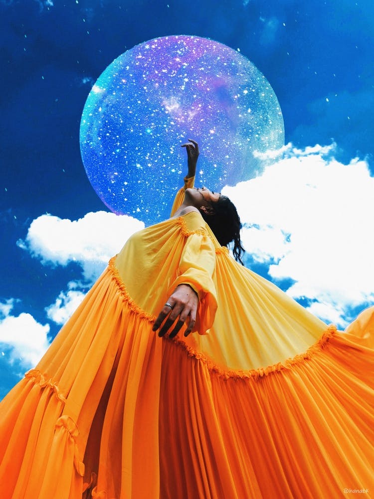 Collage Moon Model Sparkle Mustard & Blue