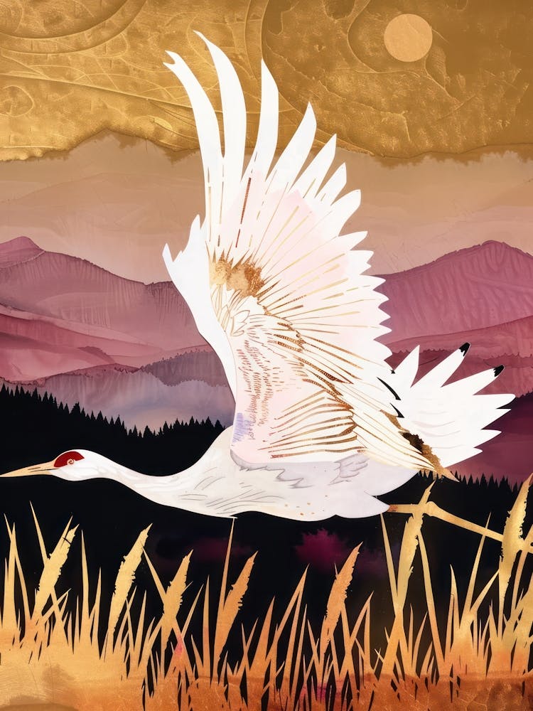 Cranes Painting Gold Red Effect Collage 1