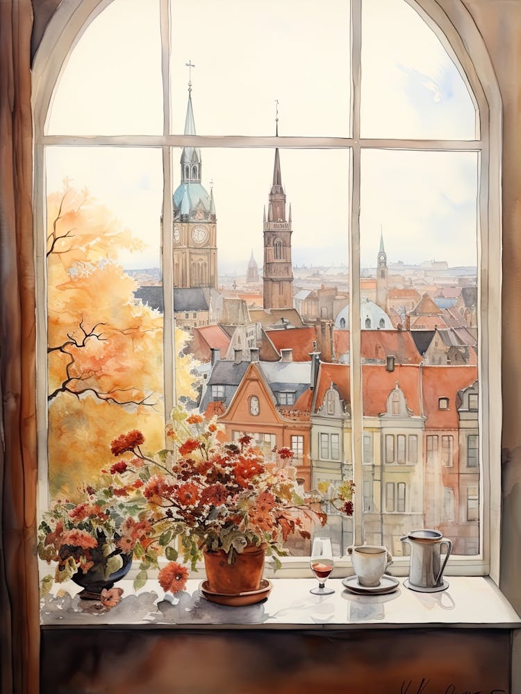 Window View Of Copenhagen Denmark In Autumn Fall, Watercolour 4