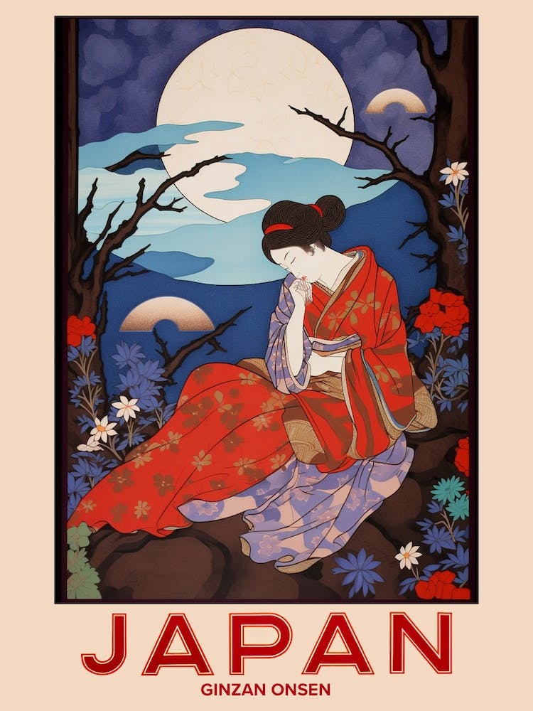 Ginzan Onsen, Visit Japan Vintage Travel Art 3