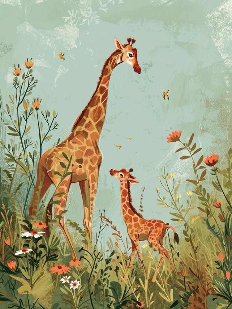Mother Giraffe & Calf Colourful Illustration 3
