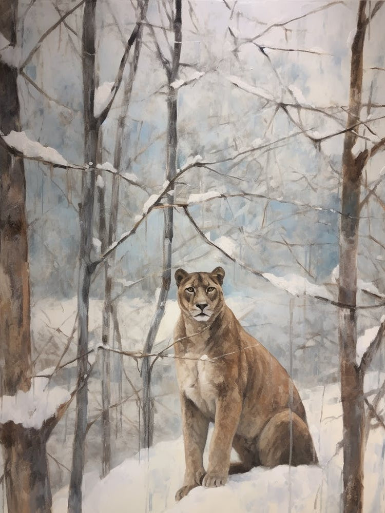 Vintage Winter Animal Painting Mountain Lion 1