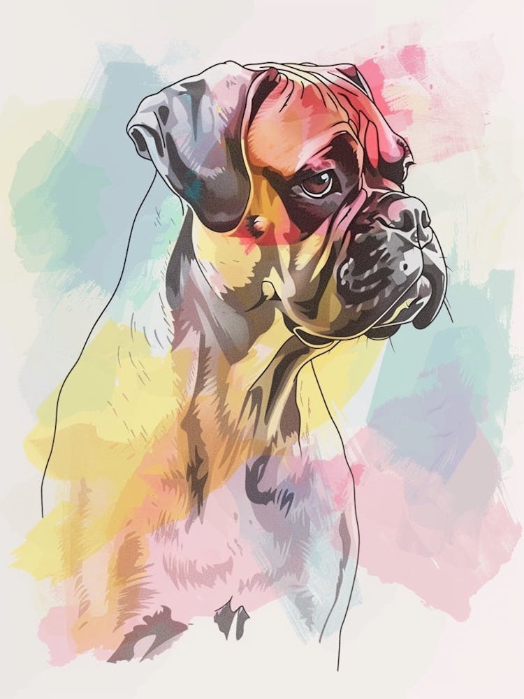 Boxer Dog Pastel Watercolour Line Drawing 2