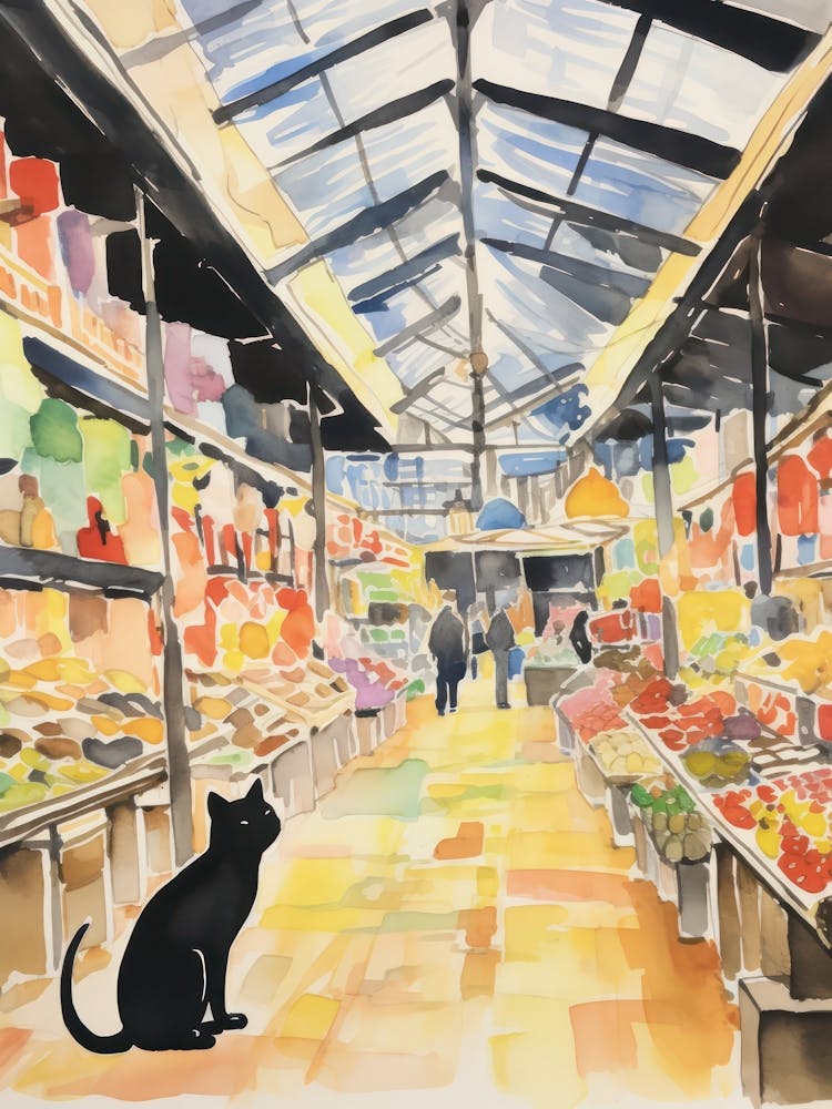 Food Market With Cats In Tokyo 4 Watercolour