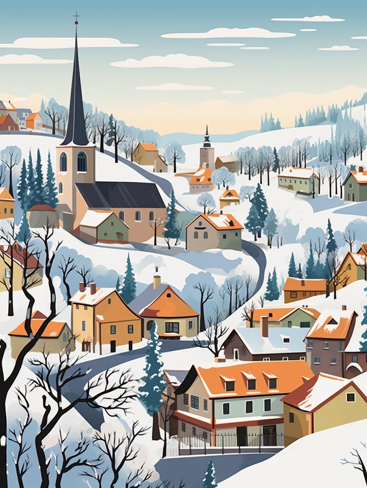 Vintage Winter Travel Illustration Cesky Krumloy Czechia 3